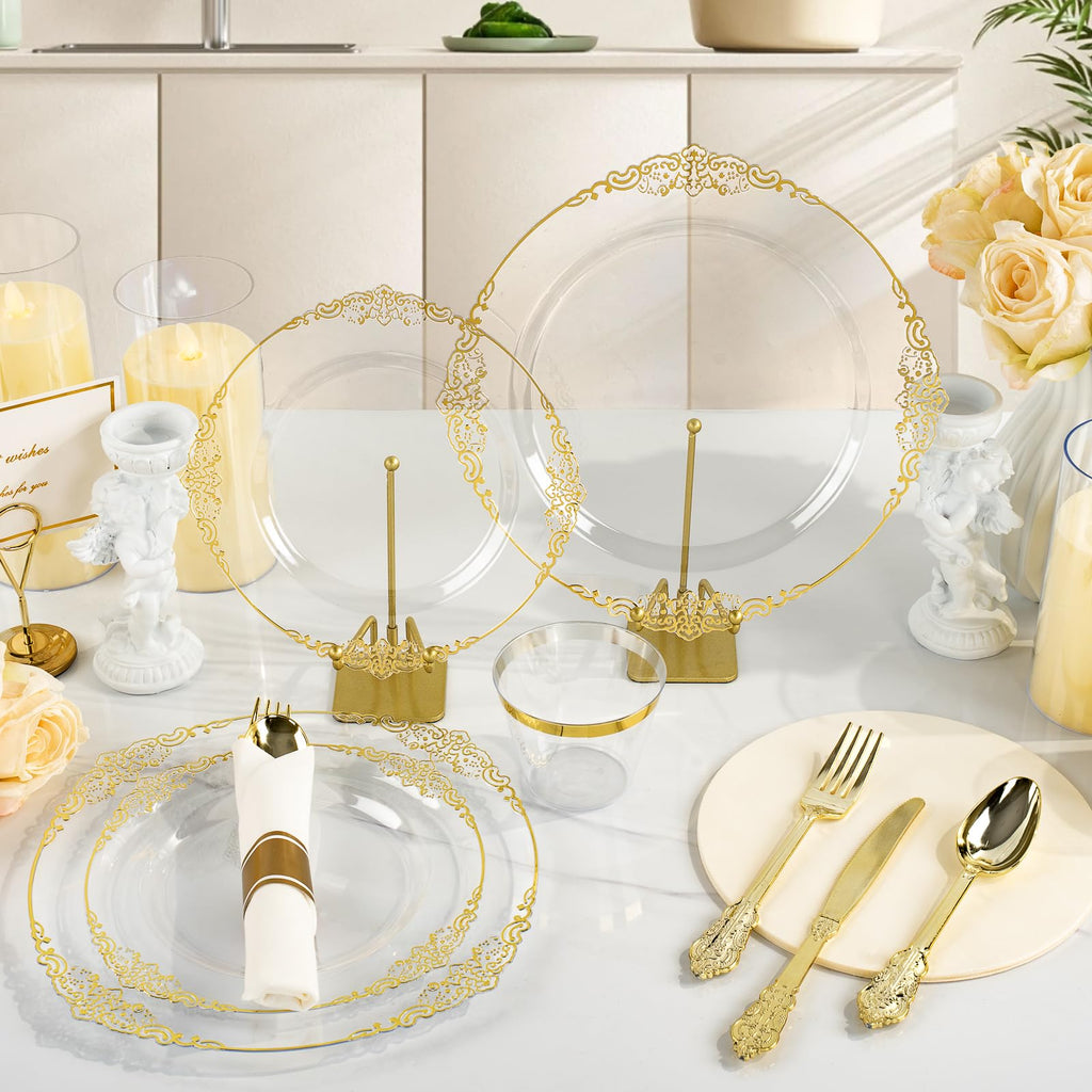 Bestluck Vintage Plastic Plates with Pre Rolled Napkin and Silverwares