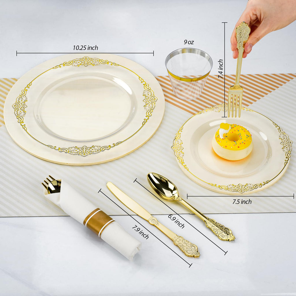 Bestluck Vintage Plastic Plates with Pre Rolled Napkin and Silverwares