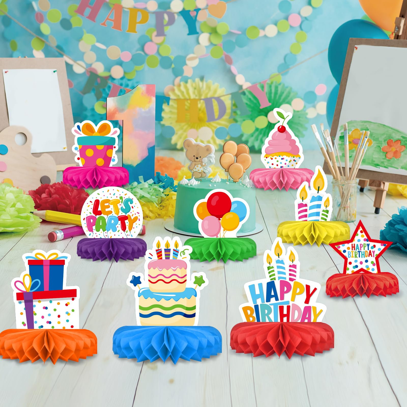 Birthday Decorations Set - Birthday Themed Honeycomb Centerpiece, Table Decoration for Kids' Birthday Party Supplies