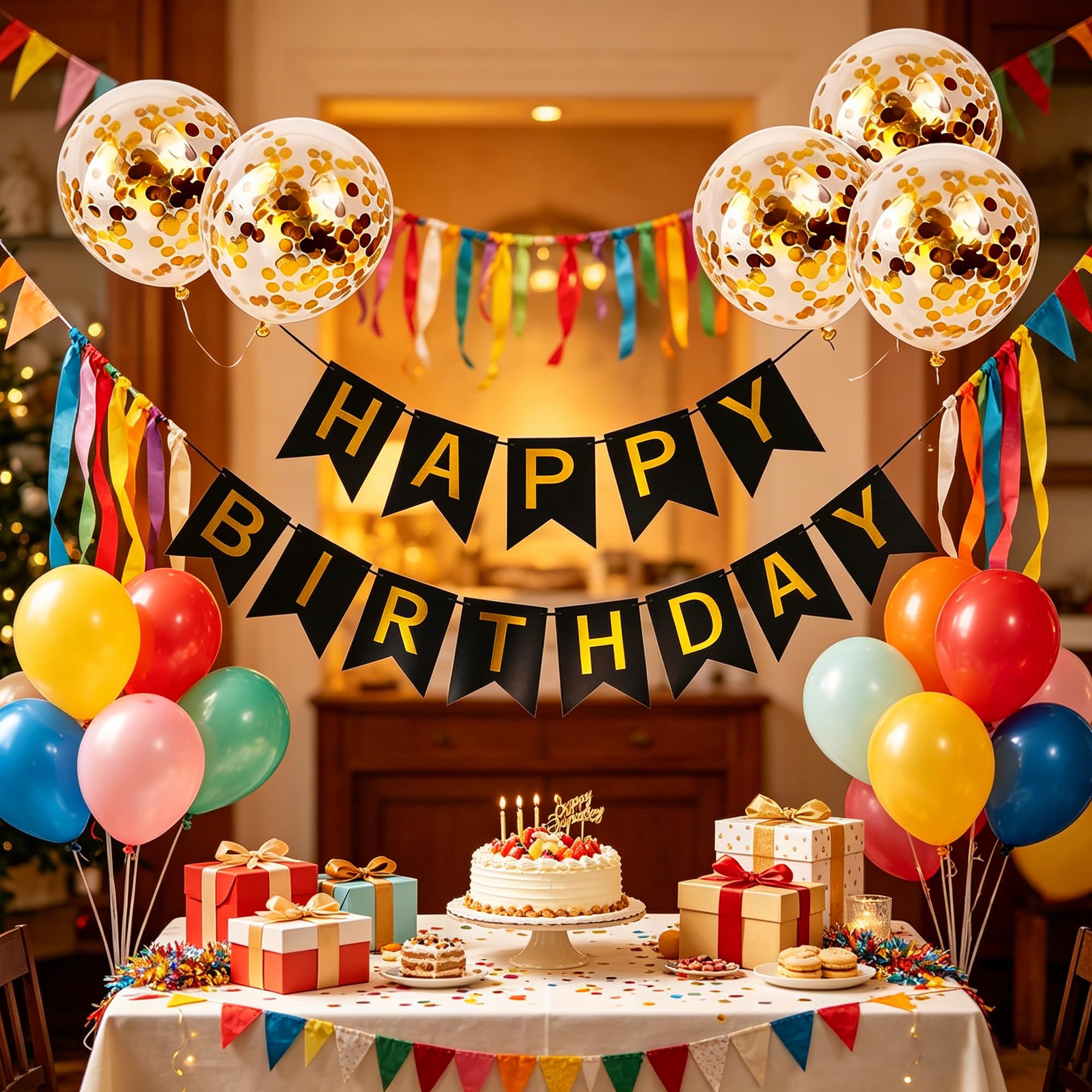 Happy Birthday Banner with Gold Balloons