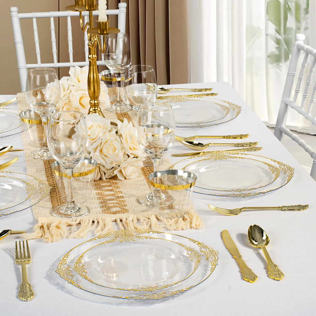 Bestluck Vintage Plastic Plates with Pre Rolled Napkin and Silverwares
