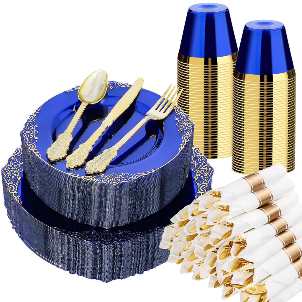 Bestluck Vintage Plastic Plates with Pre Rolled Napkin and Silverwares