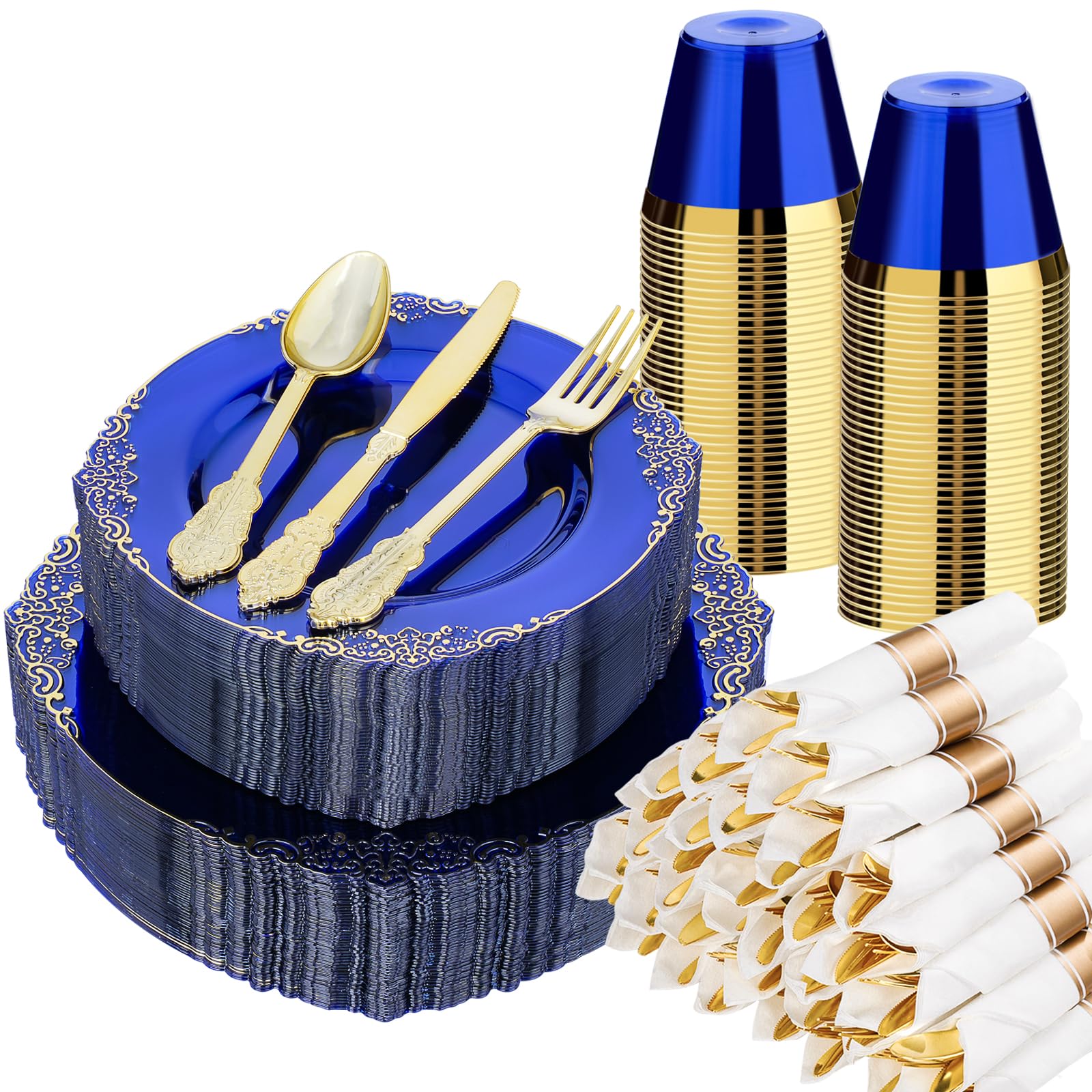 Bestluck Vintage Plastic Plates with Pre Rolled Napkin and Silverwares