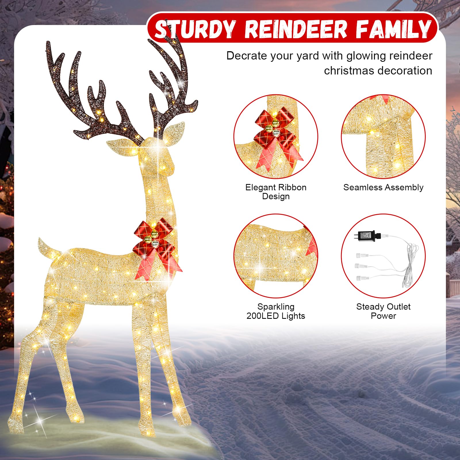 72" Light Up Reindeer Outdoor Christmas, 3-Piece Reindeer Christmas Decor
