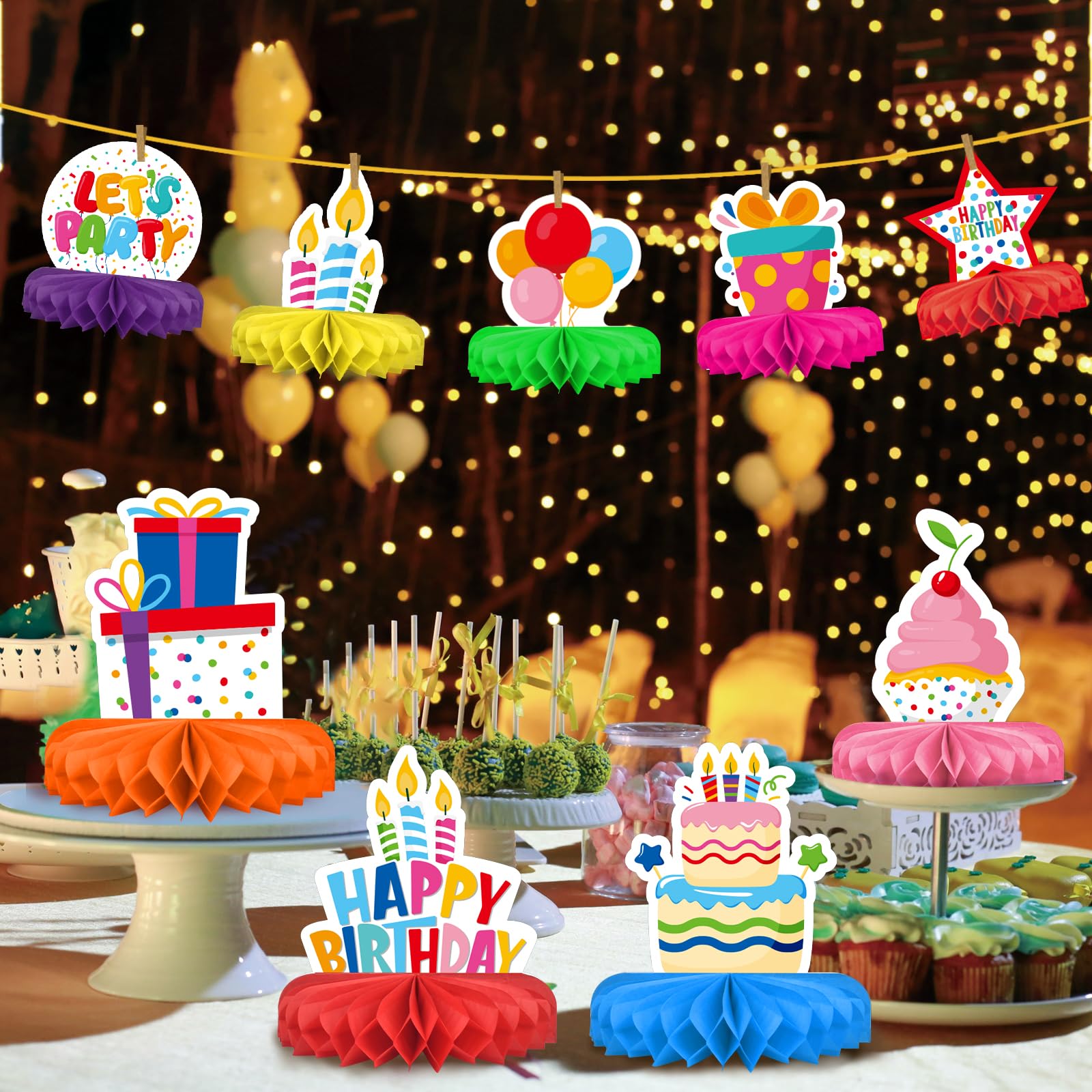 Birthday Decorations Set - Birthday Themed Honeycomb Centerpiece, Table Decoration for Kids' Birthday Party Supplies