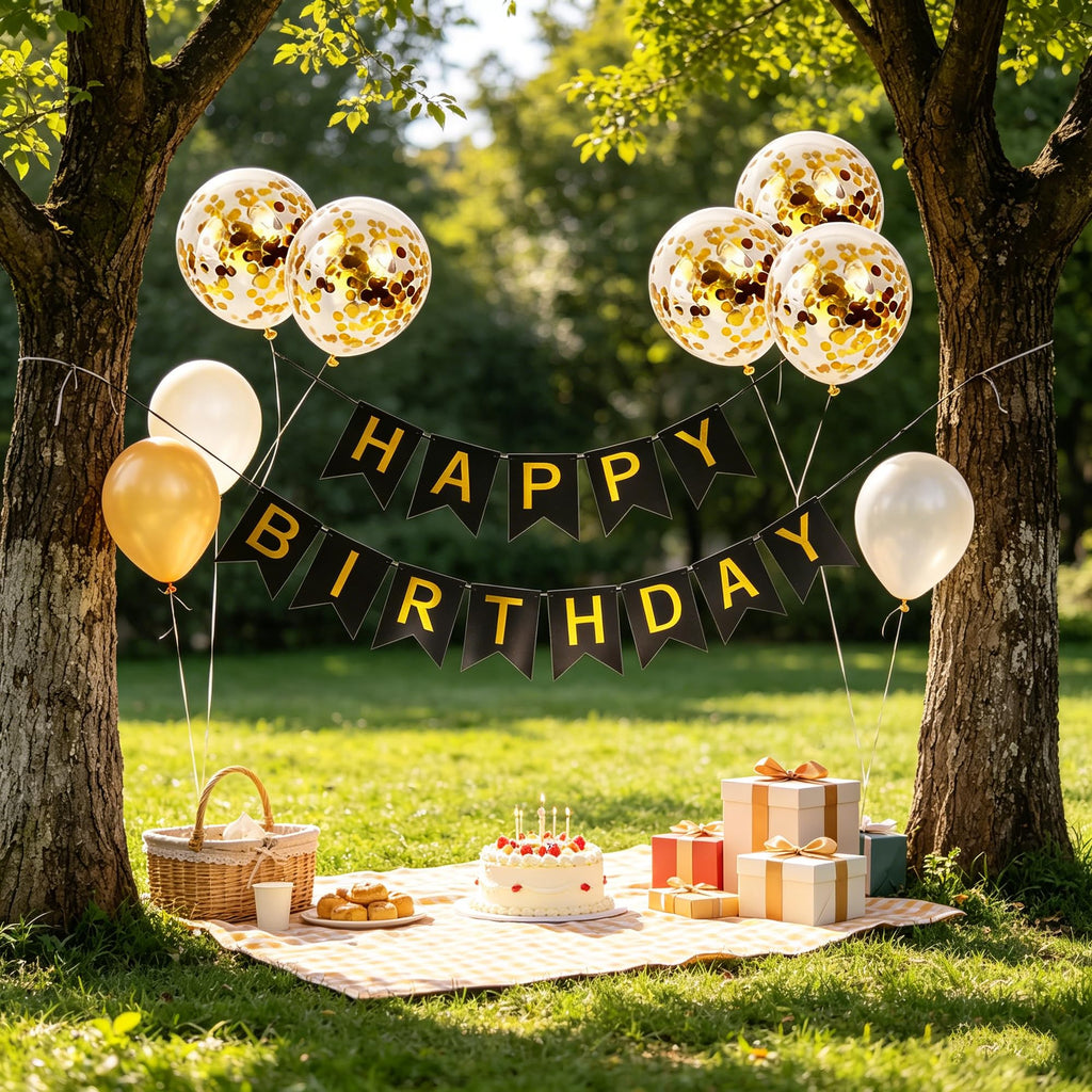 Happy Birthday Banner with Gold Balloons